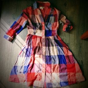 Anthropologie Moulinette Souers Red Blue Peach Plaid Shirt Dress Size 0